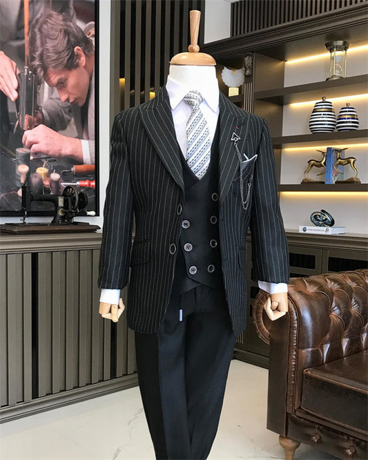 Albert Formal Black Peaked Lapel Striped Three Pieces Boys Suits