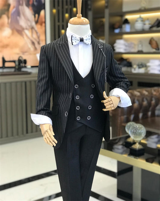 Aldrich Modern Black Peaked Lapel Three Pieces Striped Boys Suits