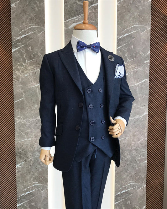 Alexandra Simple Dark Navy Peaked Lapel Three Pieces Kids Suits