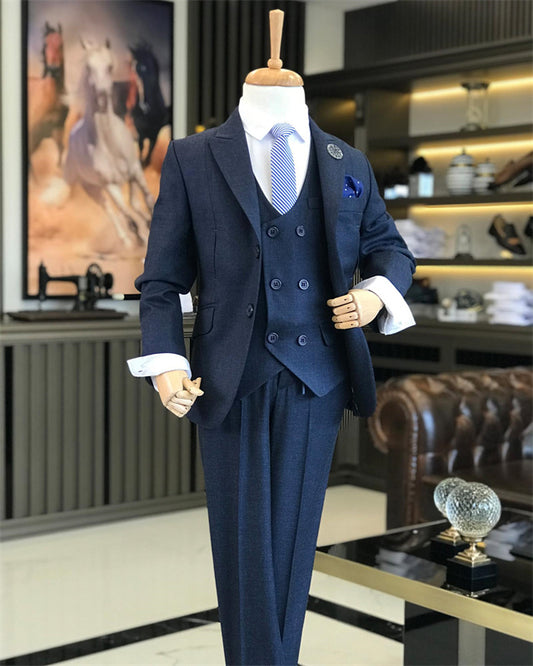 Alfred Handsome Dark Navy Peaked Lapel Three Pieces Boys Suits