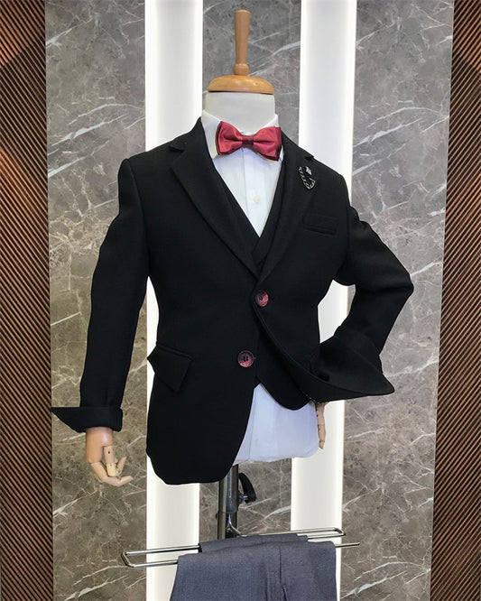Allen Fancy Black Notched Lapel Three Pieces Boys Suits
