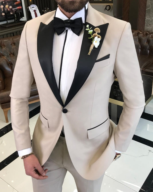 Chic Beige Apricot Slim Fit Peaked Lapel Prom Men Suits