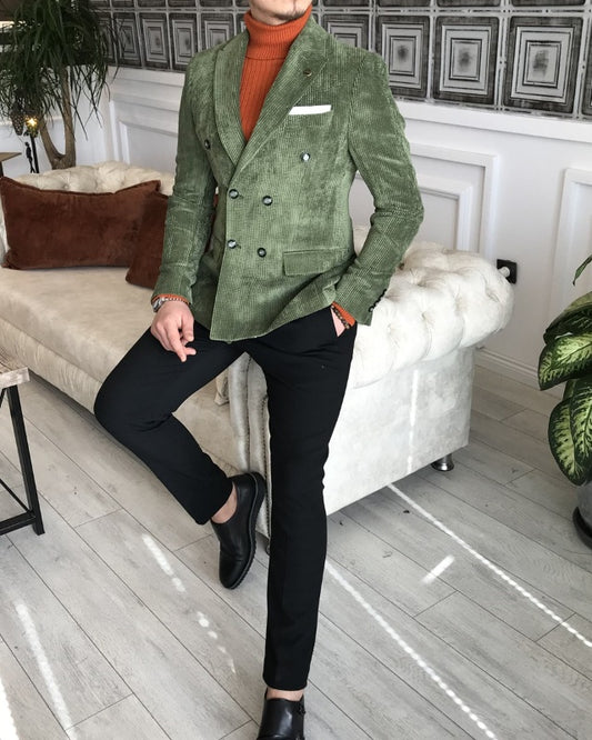 Fashion Green Corduroy Double Breasted Peaked Lapel Prom Men Suits