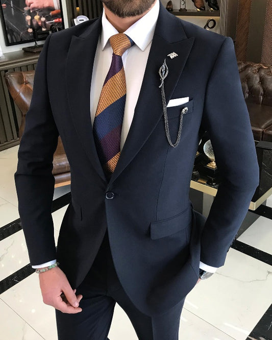 Michael Dark Navy Close Fitting Three Pieces Peaked Lapel Business Men Suits
