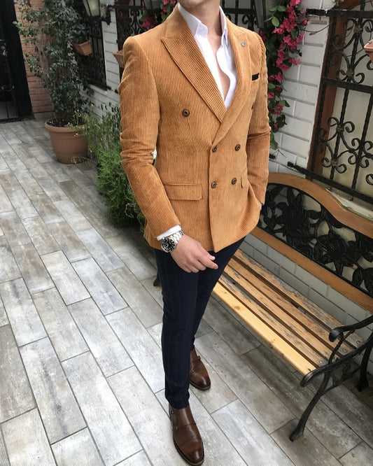 Fashion Camel Corduroy Double Breasted Peaked Lapel Prom Men Suits