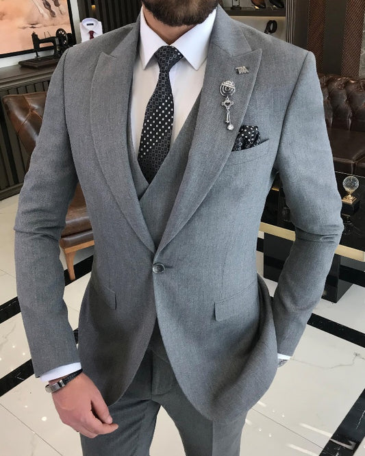 Handsome Dark Gray Three Pieces Peaked Lapel Slim Fit Business Men Suits