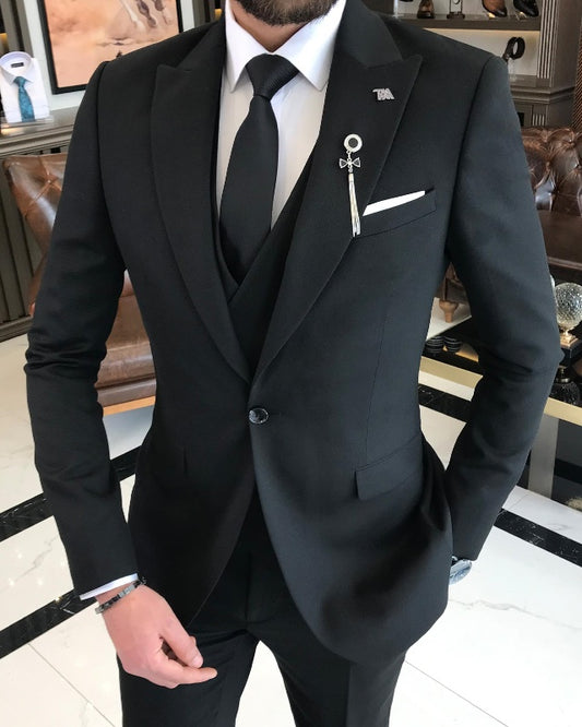 Angelo Black Three Pieces Peaked Lapel Slim Fit Business Men Suits