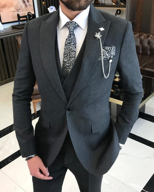 Amos Chic Dark Gray Three Pieces Peaked Lapel Close Fitting Business Men Suits