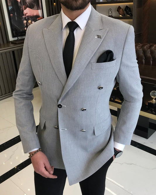New Arrival Gray Double Breasted Slim Fit Peaked Lapel Business Men Suits