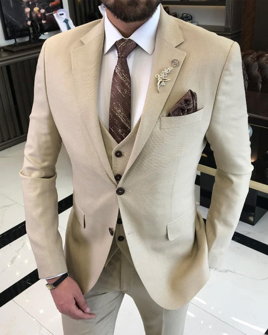 Fashion Apricot Slim Fit Three Pieces Notch Lapel Business Men Suits