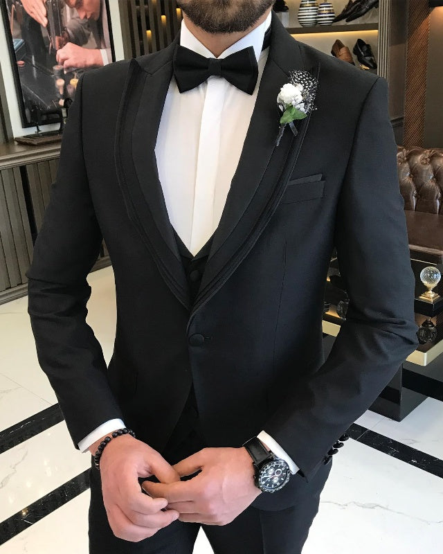 Andrew Stylish Black Best Fitting Three Pieces Peaked Lapel Wedding Men Suits