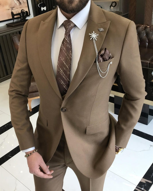 Allen Fashion Brown Slim Fit Three Pieces Notch Lapel Business Men Suits