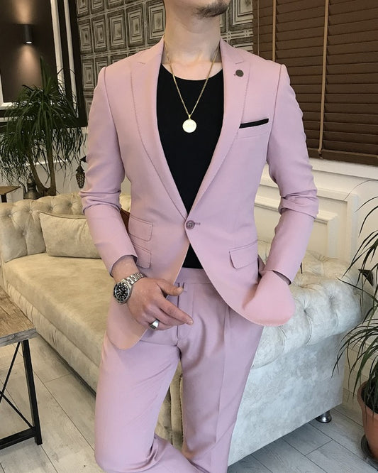 Fashion Pink Two Pieces Peaked Lapel Slim Fit Prom Men Suits