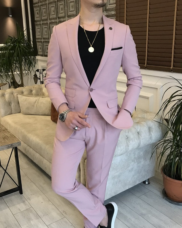 Fashion Pink Two Pieces Peaked Lapel Slim Fit Prom Men Suits