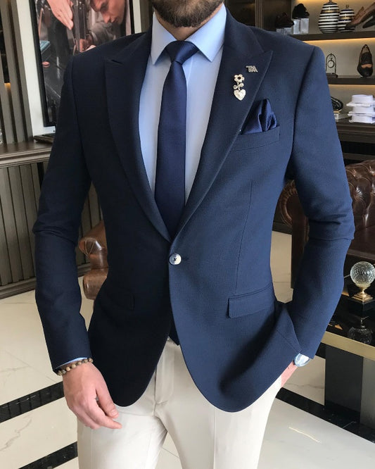 Handsome Dark Blue Peaked Lapel Best Fitting Business Suits For Men