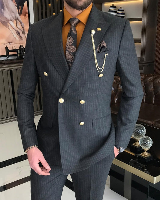 New Arrival Black Striped Double Breasted Slim Fit Business Men Suits