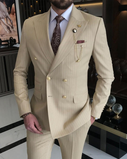 New Arrival Apricot Striped Double Breasted Slim Fit Business Suits For Men