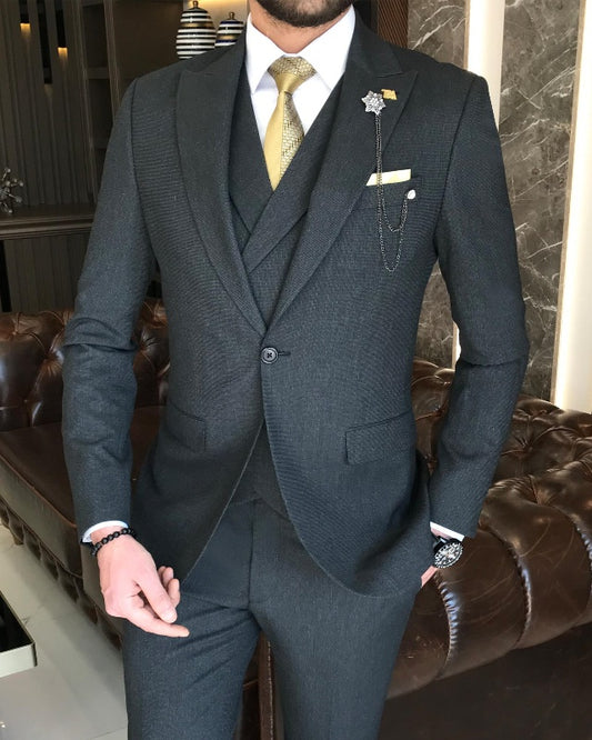Newest Black Three Pieces Peaked Lapel Slim Fit Business Suits For Men