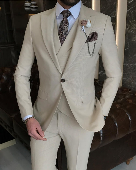 Newest Apricot Three Pieces Peaked Lapel Slim Fit Business Suits For Men