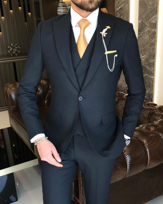 Newest Dark Blue Three Pieces Peaked Lapel Slim Fit Business Suits For Men