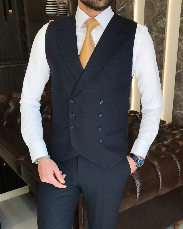 Newest Dark Blue Three Pieces Peaked Lapel Slim Fit Business Suits For Men