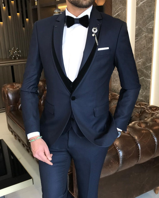 Classic Dark Blue Three Pieces Notch Lapel Slim Fit Prom Men Suits