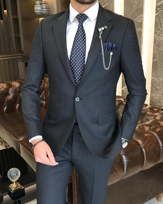 Classic Bespoke Black Striped Slim Fit Notch Lapel Business Suits For Men
