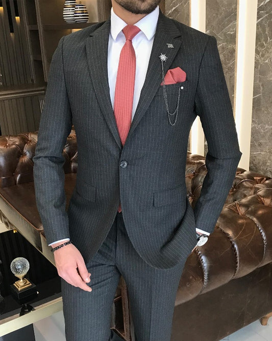 Classic Bespoke Dark Gray Striped Slim Fit Business Men Suits