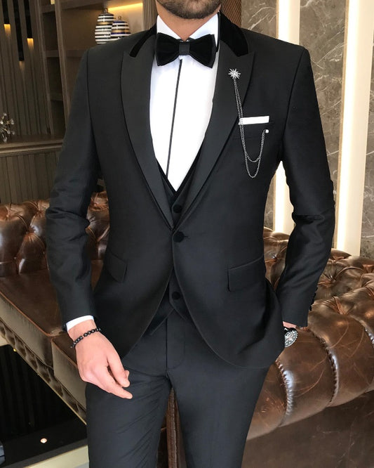 Allen Handsome Black Slim Fit Three Pieces Peaked Lapel Wedding Men Suits