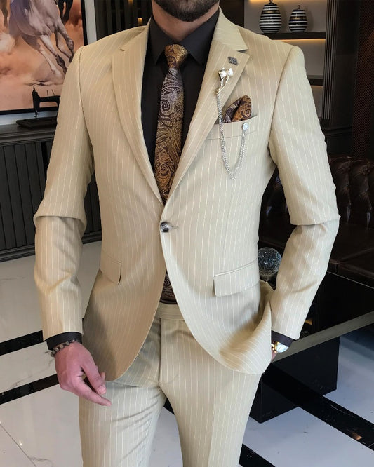 Classic Bespoke Apricot Striped Close Fitting Notch Lapel Business Men Suits