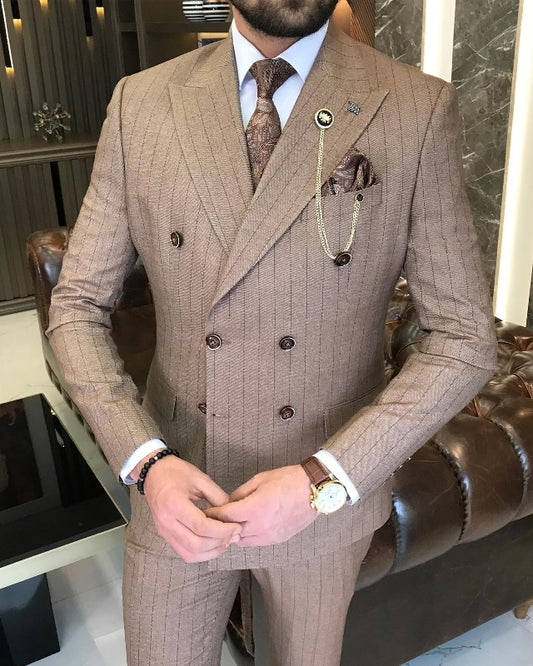 Modern Coffee Striped Double Breasted Slim Fit Peaked Lapel Business Men Suits