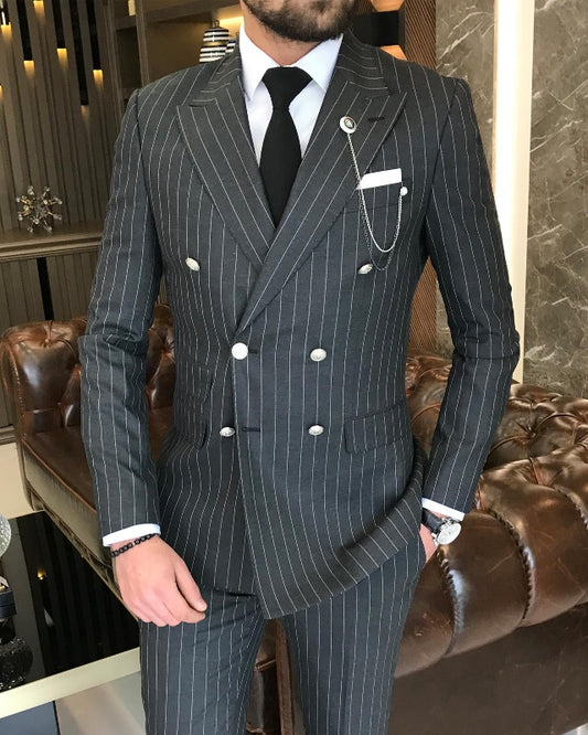 Classic Bespoke Black Striped Double Breasted Slim Fit Business Men Suits