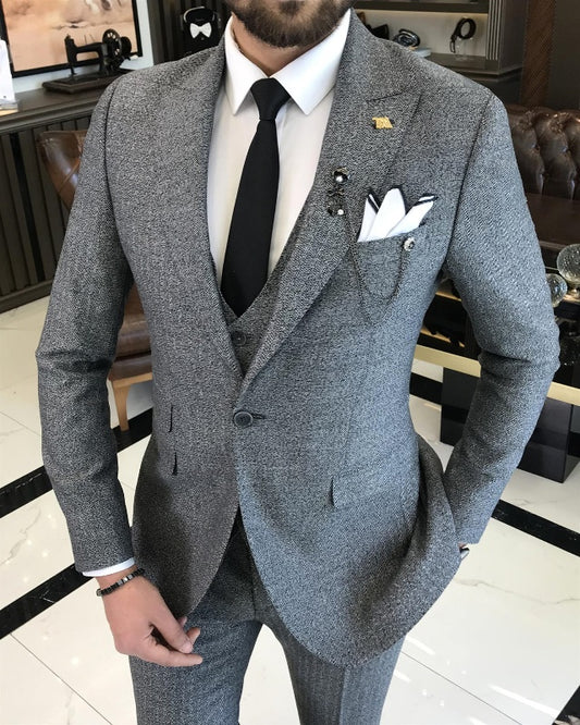 Alan Modern Dark Gray Slim Fit Three Pieces Peaked Lapel Business Men Suits