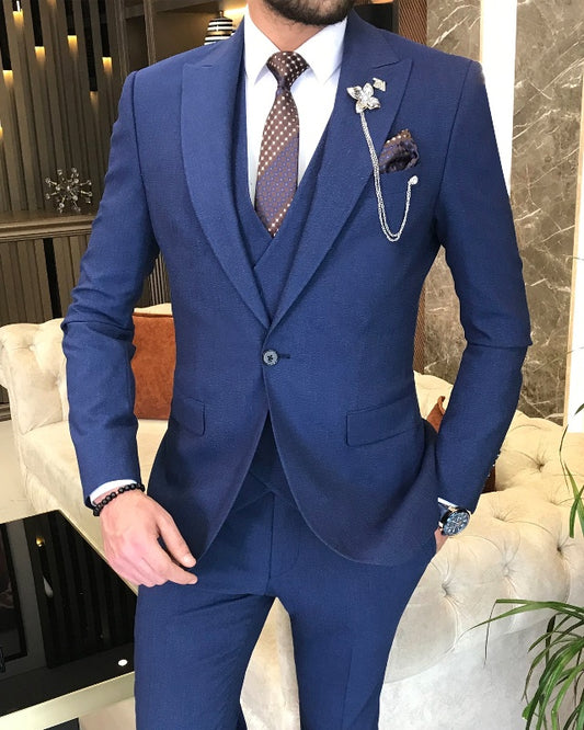 Modern Dark Blue Three pieces Peaked Lapel Slim Fit Business Men Suits