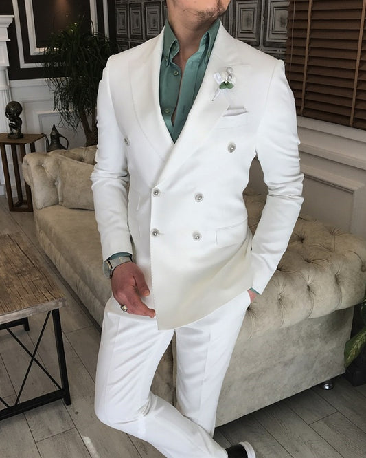 Full White Double Breasted Peaked Lapel Close Fitting Prom Suits For Men