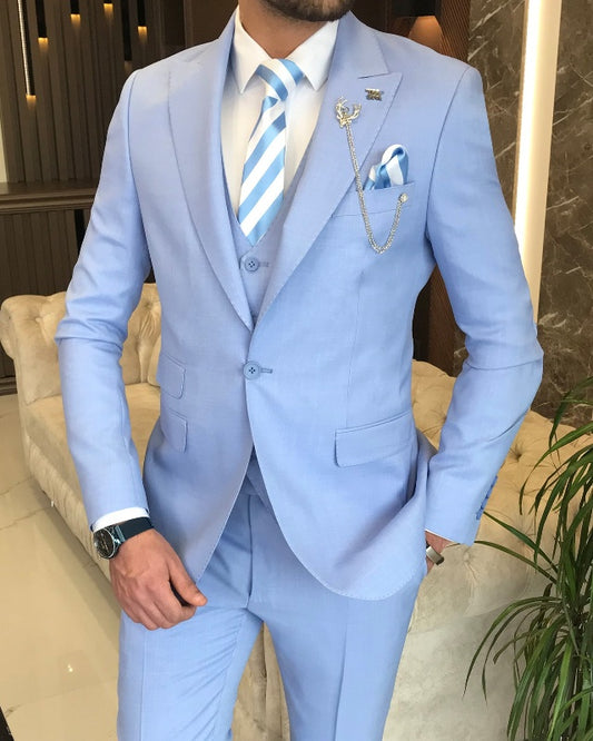 Fashion Sky Blue Three Pieces Peaked Lapel Best Fitting Prom Men Suits