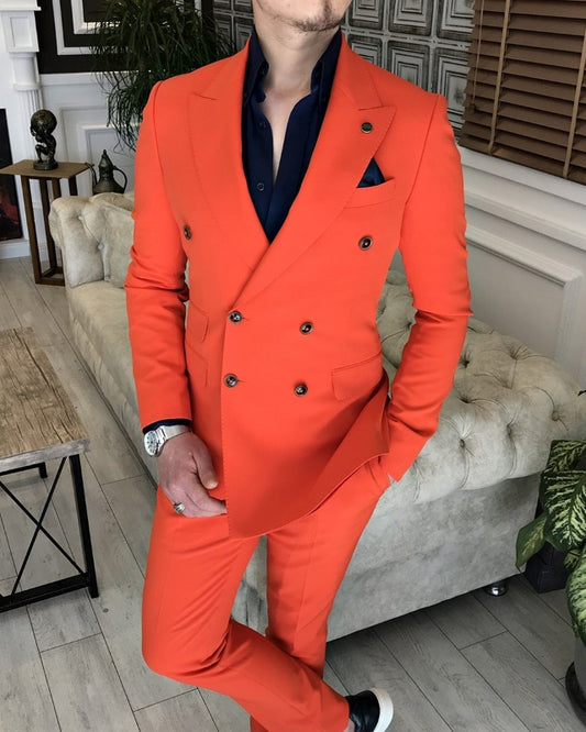 Fashion Red Double Breasted Peaked Lapel Slim Fit Prom Men Suits