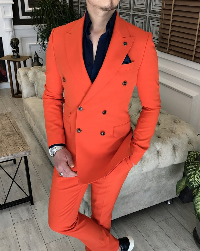 Fashion Red Double Breasted Peaked Lapel Slim Fit Prom Men Suits