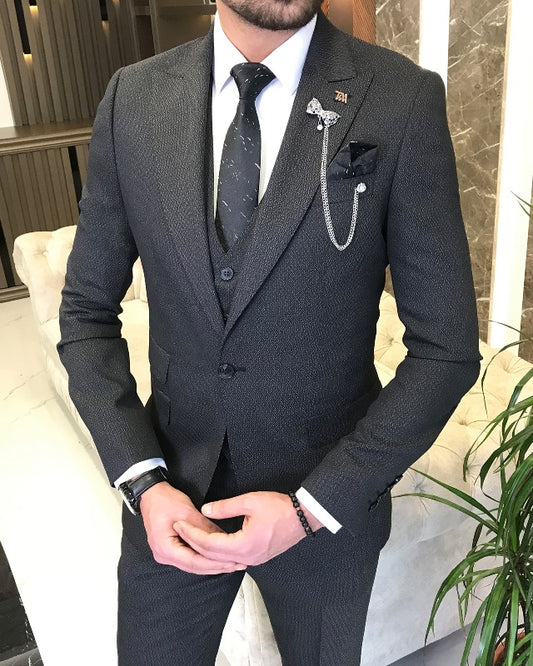 Alvin Chic Black Three Pieces Peaked Lapel Best Fitting Business Men Suits