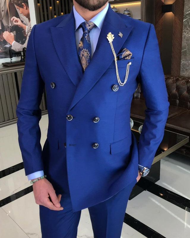 Modern Blue Double Breasted Best Fitting Peaked Lapel Prom Men Suits