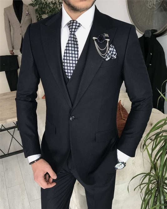 Abbott Chic Black Three Pieces Peaked Lapel Slim Fit Business Men Suits