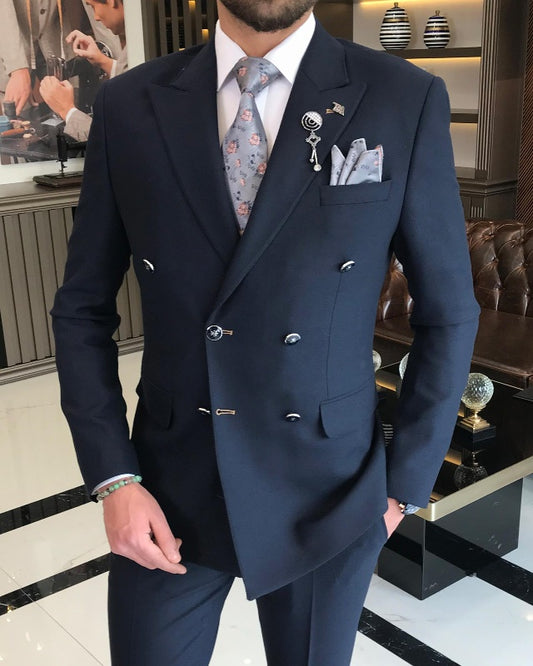 Newest Dark Blue Double Breasted Best Fitting Peaked Lapel Business men suits