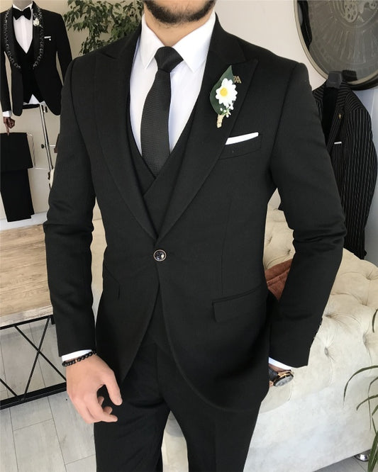 Abner Modern Black Slim Fit Three Pieces Peaked Lapel Business Men Suits