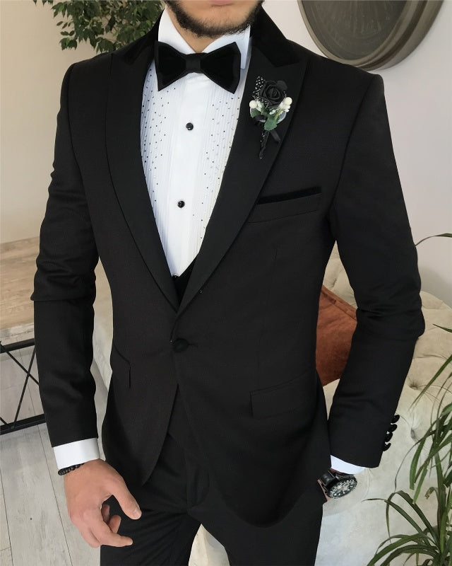 Adonis Newest Black Three Pieces Peaked Lapel Slim Fit Business Men Suits
