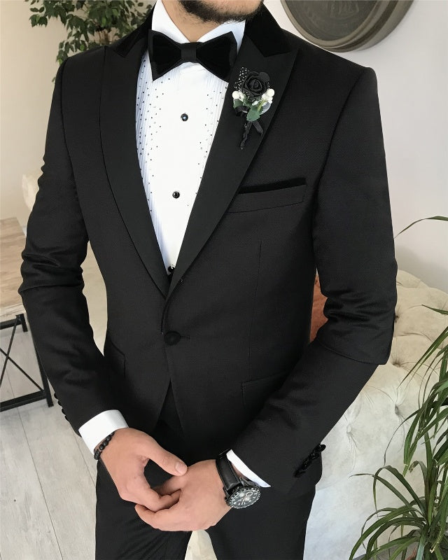 Adonis Newest Black Three Pieces Peaked Lapel Slim Fit Business Men Suits