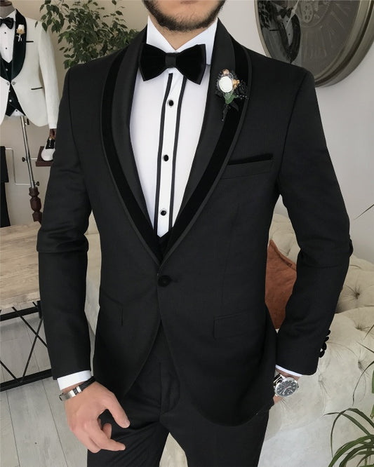 Angelo New Arrival Black Best Fitting Three Pieces Shawl Lapel Wedding Men Suits