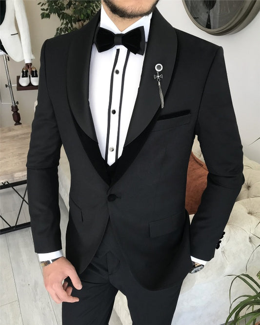 Alonzo Handsome Black Slim Fit Three Pieces Shawl Lapel Wedding Men Suits