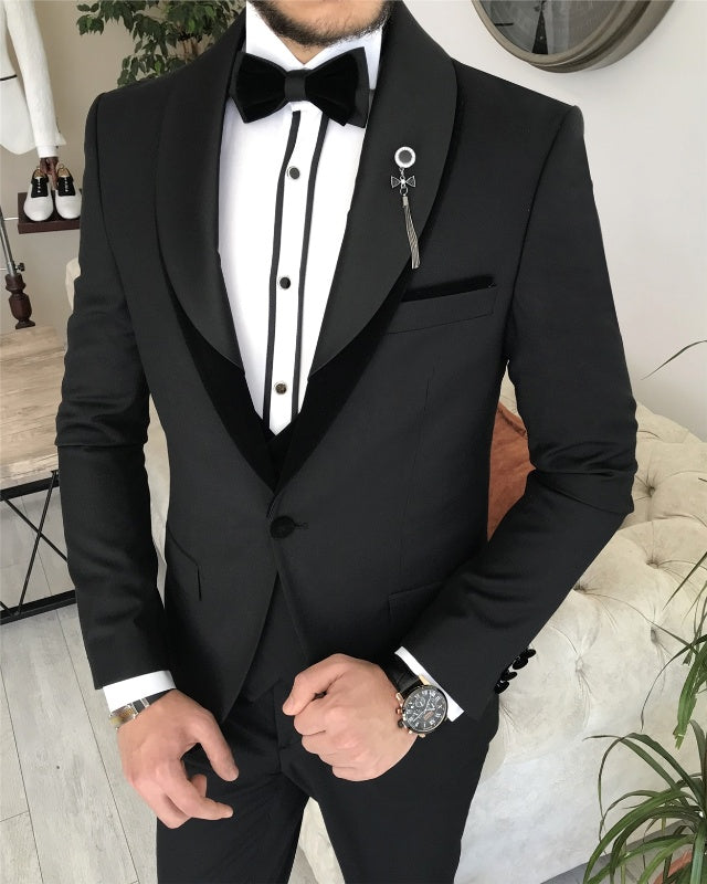 Alonzo Handsome Black Slim Fit Three Pieces Shawl Lapel Wedding Men Suits