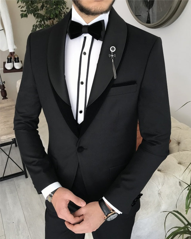 Alonzo Handsome Black Slim Fit Three Pieces Shawl Lapel Wedding Men Suits