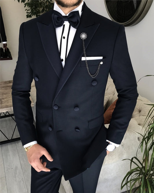 Alston Dark Blue Double Breasted Peaked Lapel Best Fitting Business Men Suits